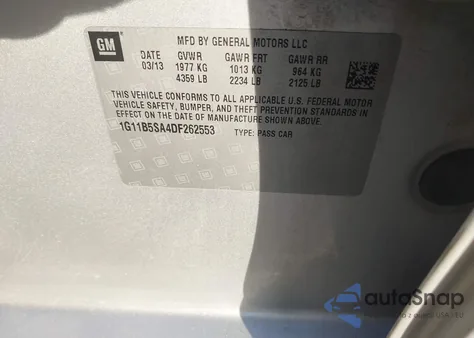 2013 Chevrolet Malibu 1Ls z USA, uszkodzony, nr VIN 1G11B5SA4DF262553